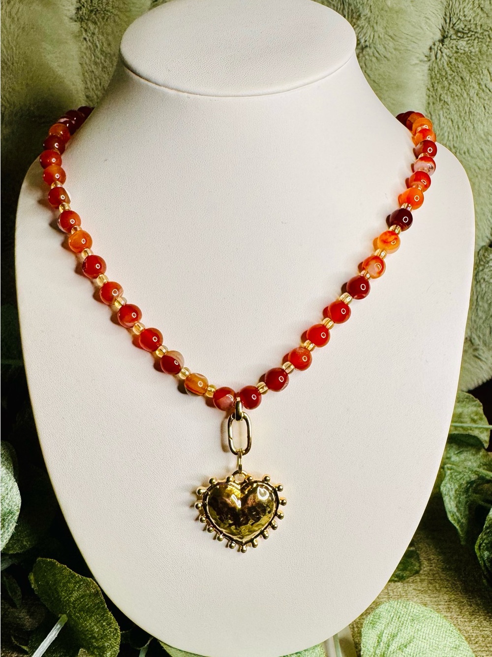 Gold Heart Pendant Red-Orange Beaded Necklace -